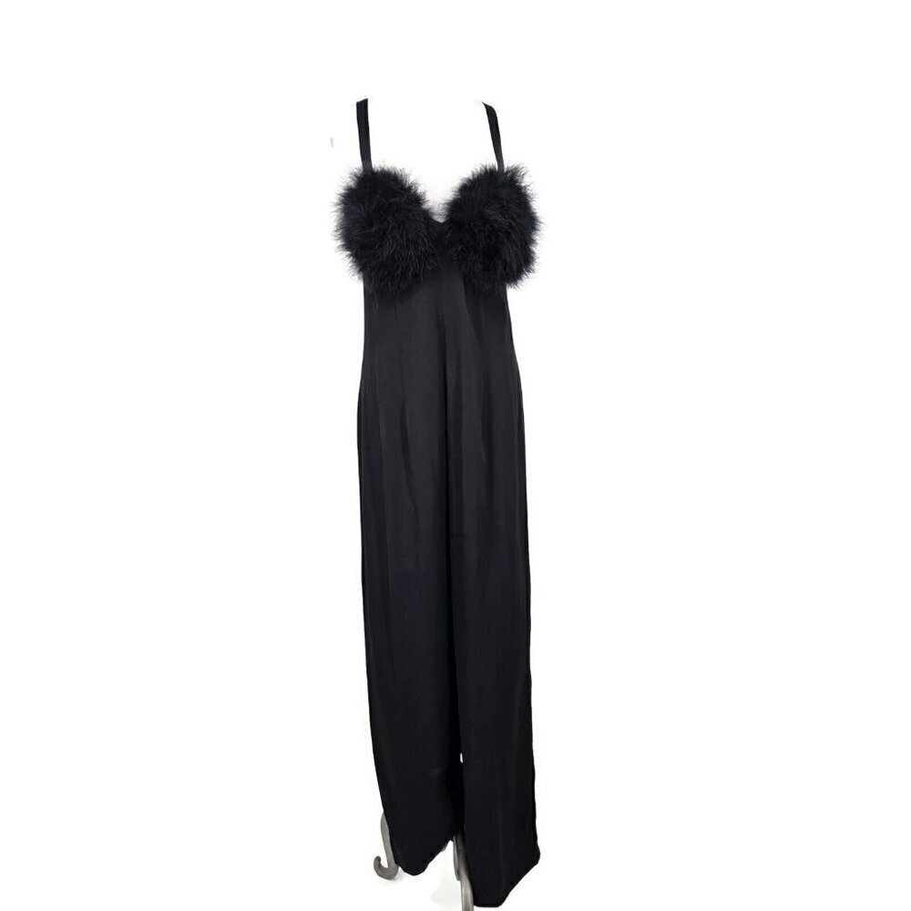 Vtg 90s Ici La Fille Jumpsuit Womens 14 Black Marabou Feathers Jumper England